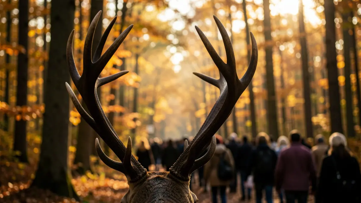 Generic image of a forest in autumn with deer silhouettes.