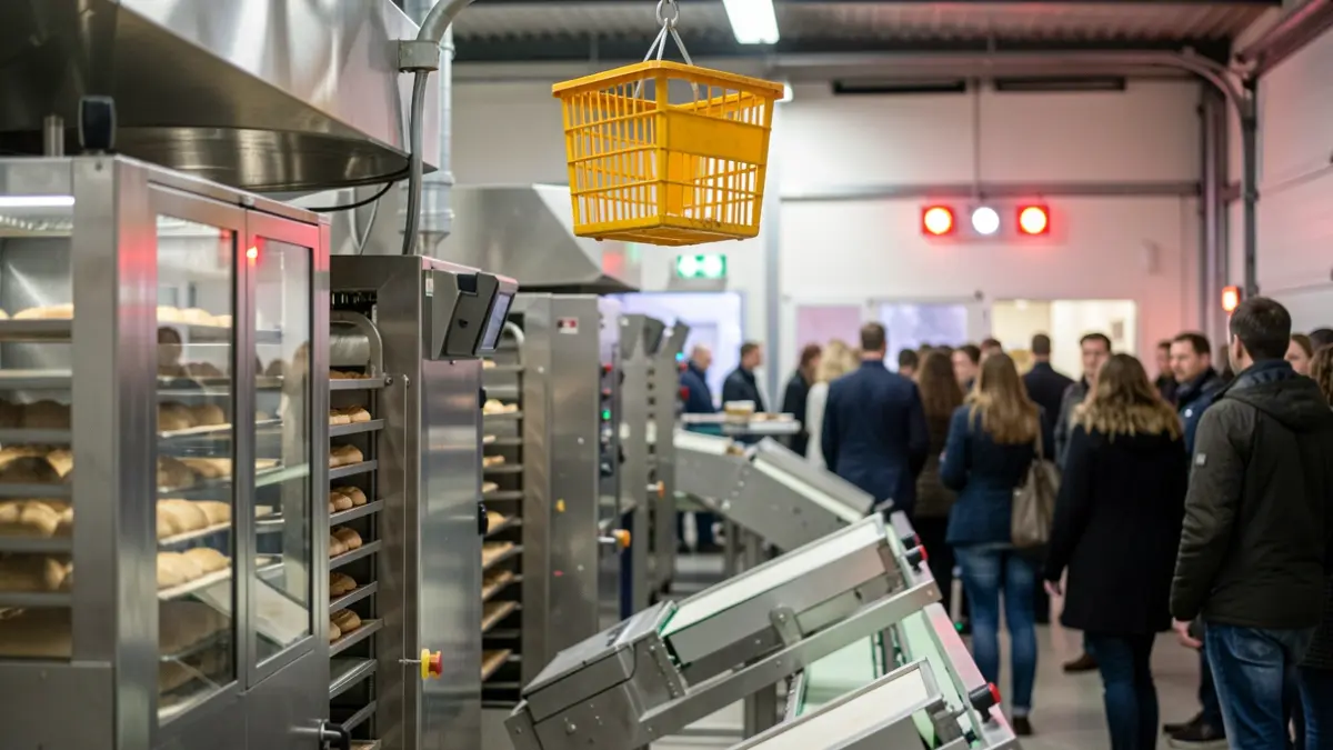 Generic image of an industrial bakery with machinery and emergency lights.