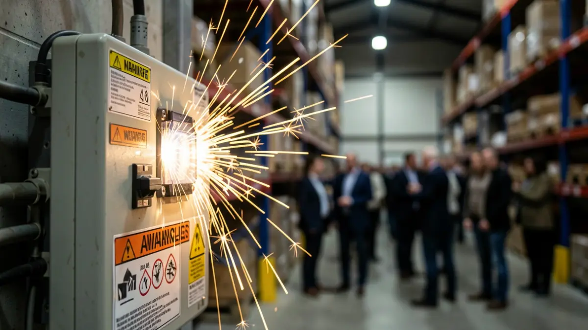 Generic image of an industrial electrical accident with damaged equipment and warning lights.