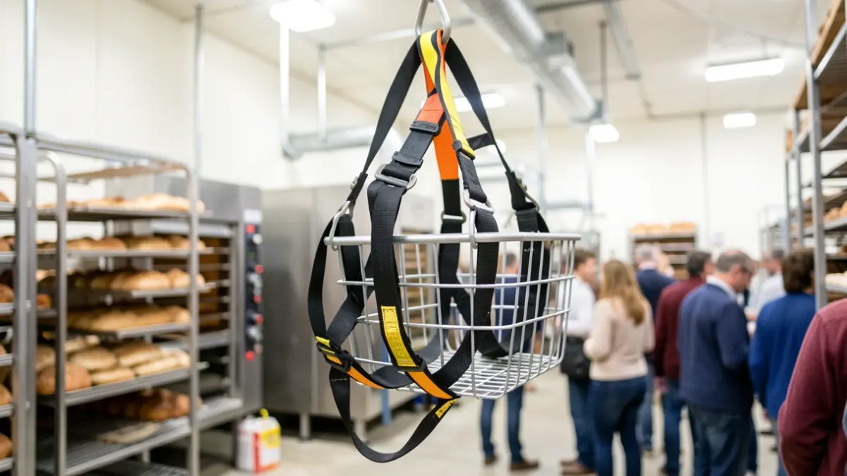 Close-up of an industrial safety basket in a bakery.