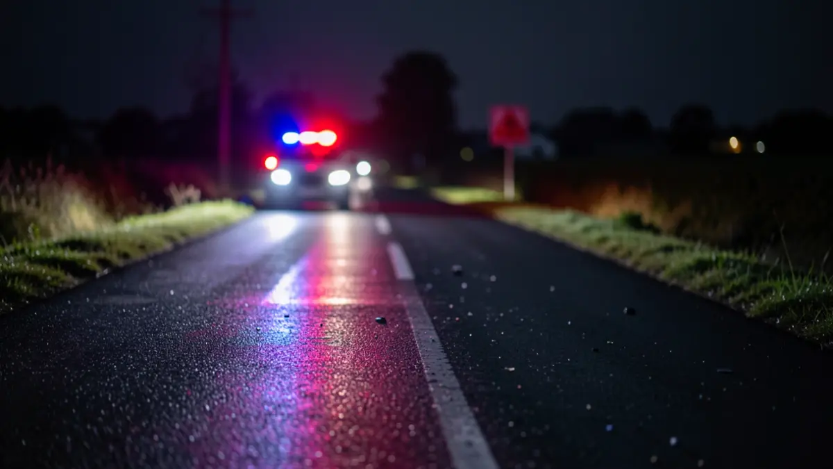 Imagen genérica de luces de emergencia en carretera mojada por la noche.