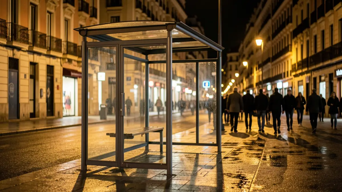 Generic image of an empty bus stop at night in Madrid.
