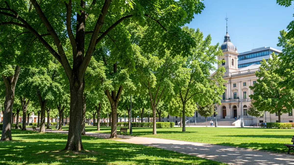 Image of the green spaces and town hall of Tres Cantos, highlighting the integration of nature in the urban environment.