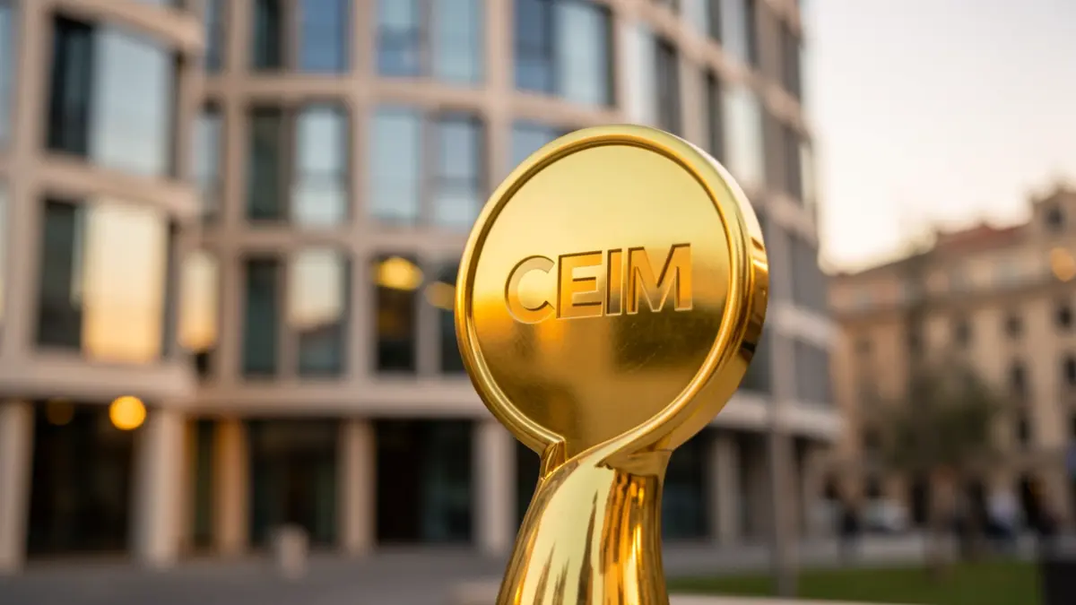Trofeo de los Premios CEIM 2026 sobre un fondo de edificio de oficinas en Madrid.