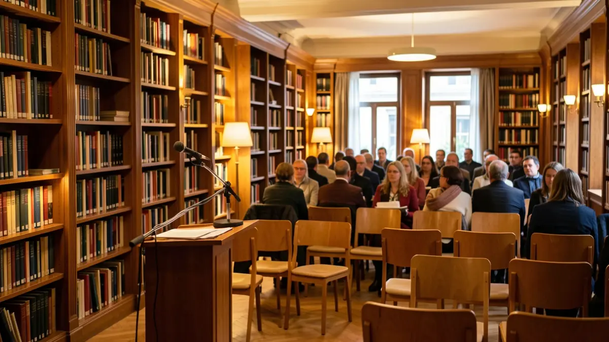 Generic image of a library with wooden bookshelves and a cozy atmosphere.