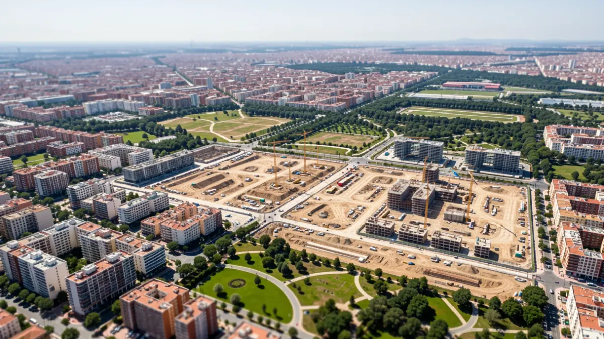 Aerial view of a vast urban area under development in Madrid, Spain, with construction sites and emerging residential blocks.