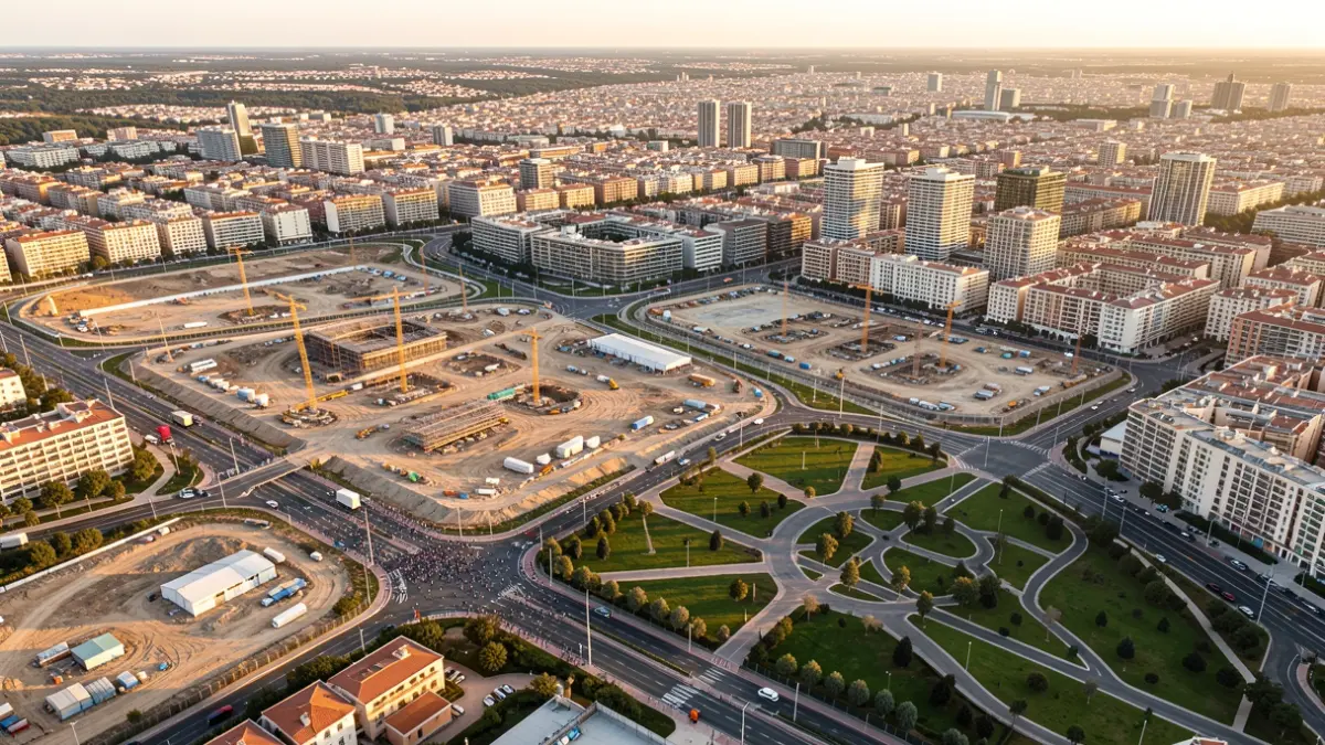 Aerial view of a large urban development in Madrid with residential areas, infrastructure, and green spaces under construction.