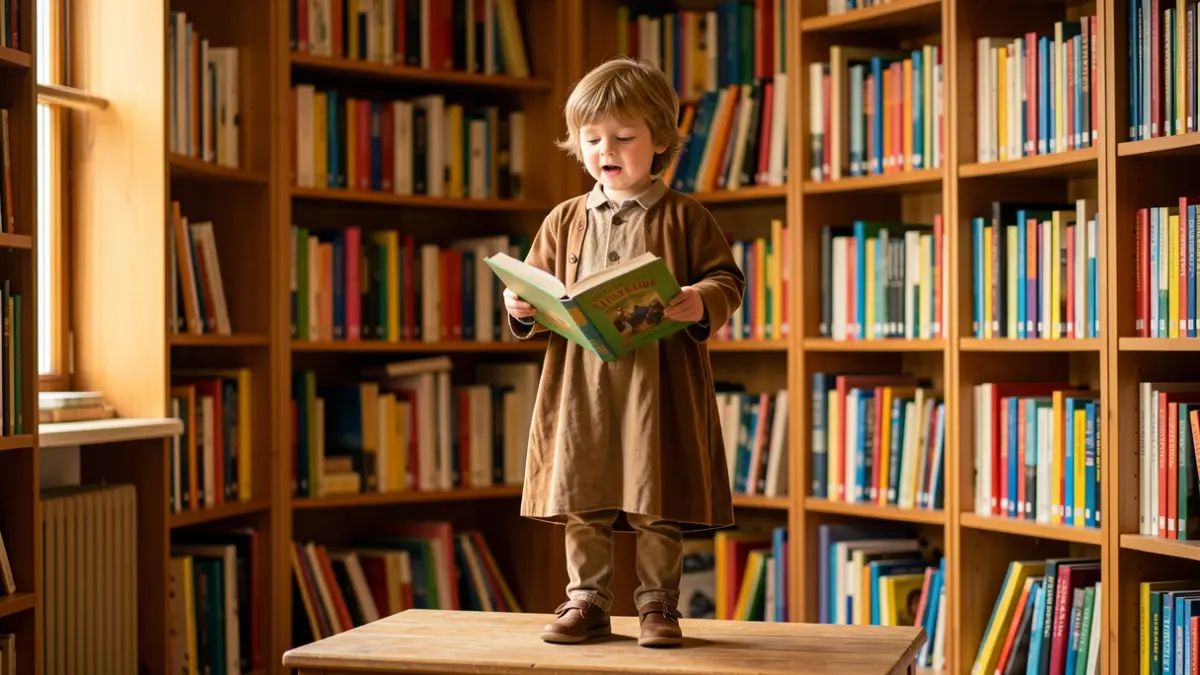 Imagen de un niño o niña contando un cuento en un escenario de una sala de lectura.