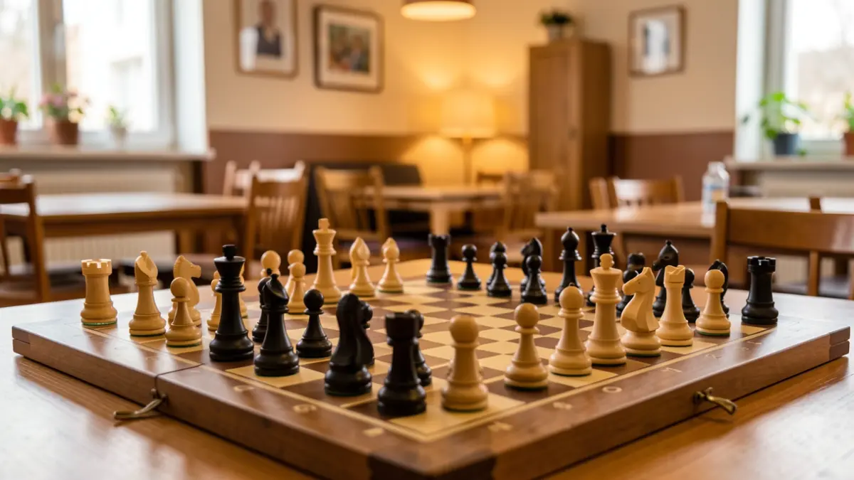 Chessboard with pieces and blurred background of a youth center.