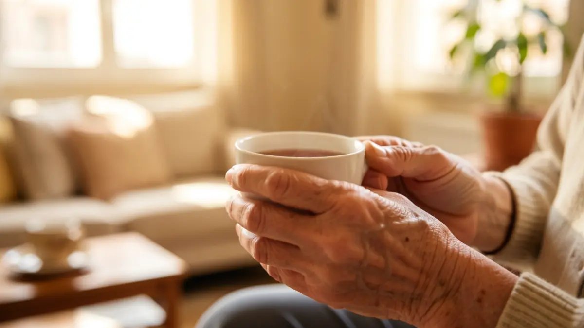 Manos de una persona mayor sosteniendo una taza de té en una sala de estar soleada.