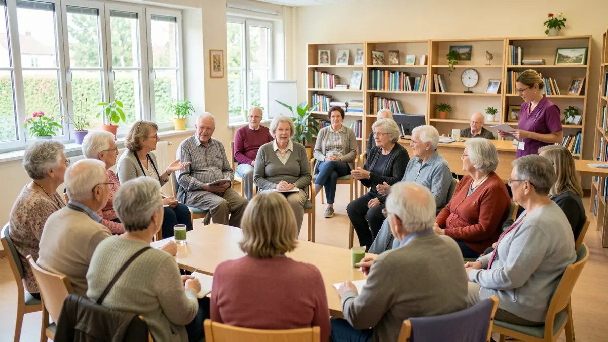 Generic image of elderly people participating in a group activity with professionals.