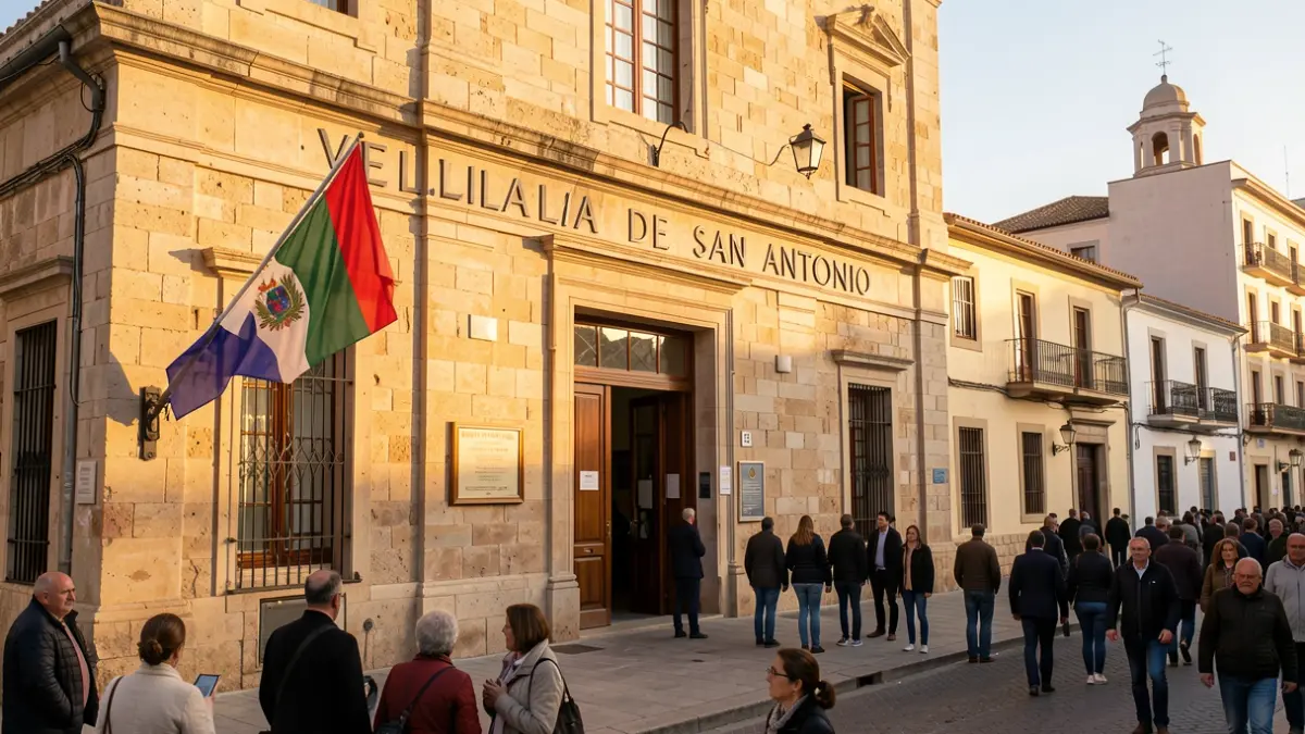 Facade of the Velilla de San Antonio Town Hall with the flag of Ceuta.