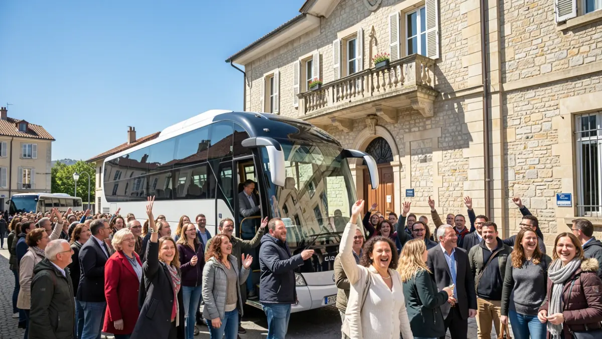 Image of a group of people boarding a bus in front of the Venturada Town Hall for an excursion.