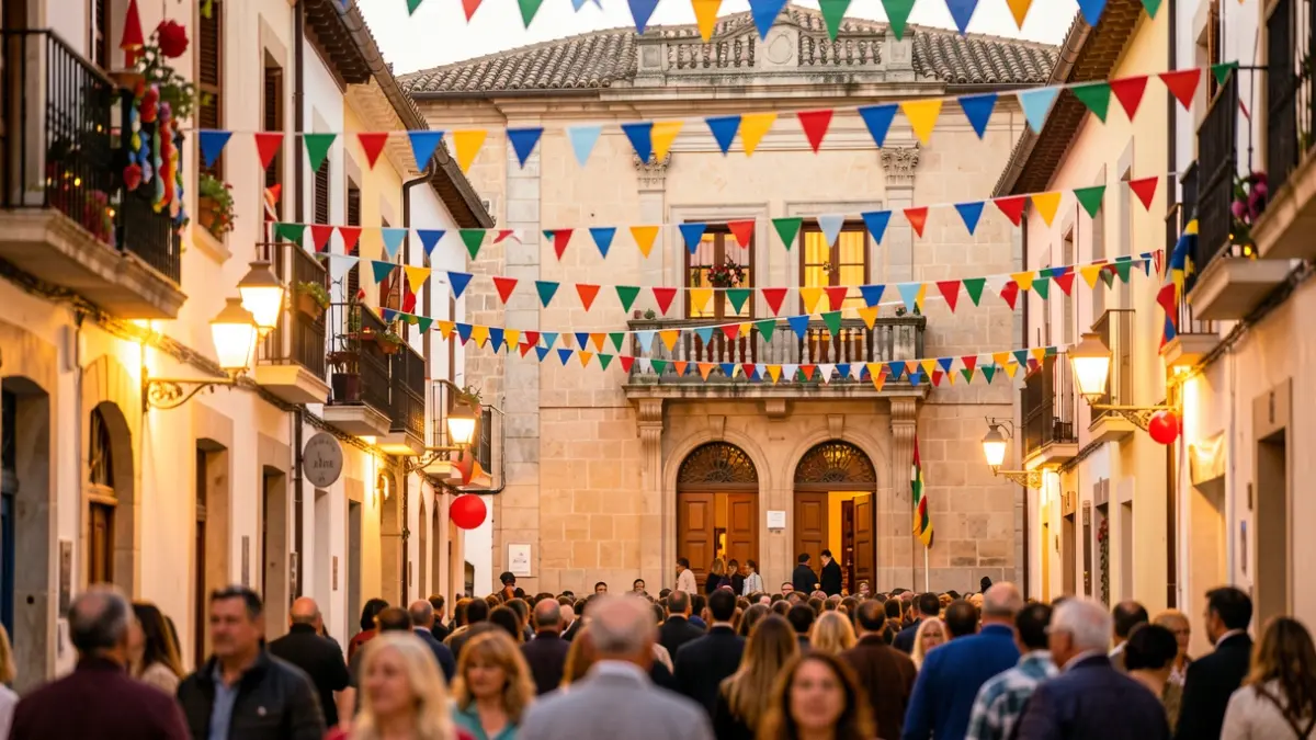 Imagen genérica de las fiestas de San Miguel en Villalbilla, con decoración festiva y el Ayuntamiento al fondo.