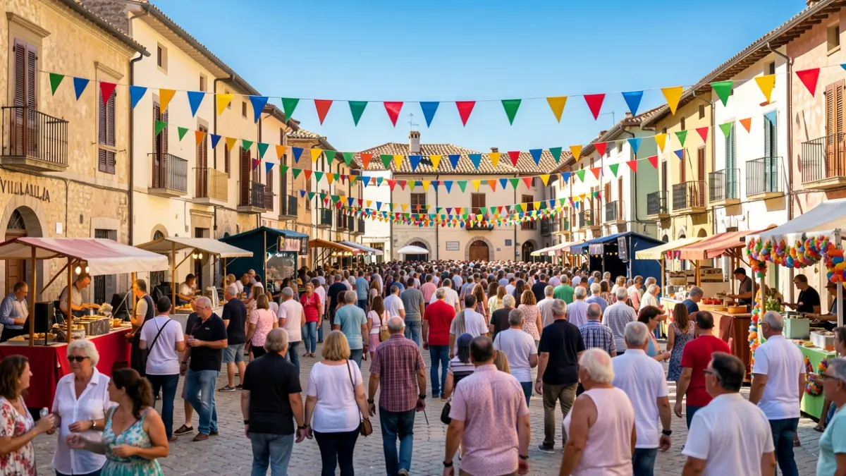 Generic image of a town square during a festival with people and stalls.