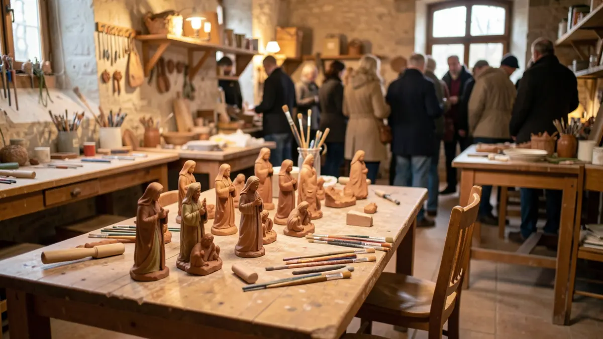 Imagen de un taller de manualidades con herramientas y figuras de belenismo sobre una mesa de madera.