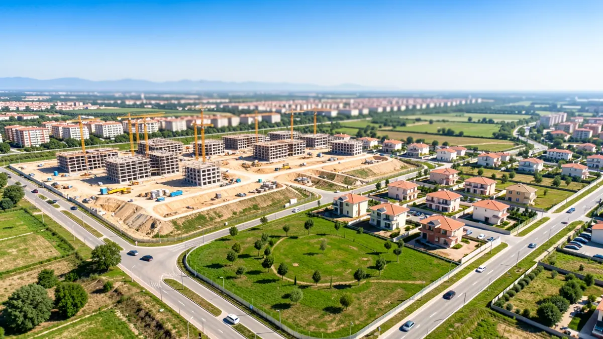 Vista aérea de las obras de urbanización del sector SUZ II-5 en Villanueva del Pardillo, mostrando viviendas en construcción y zonas verdes.