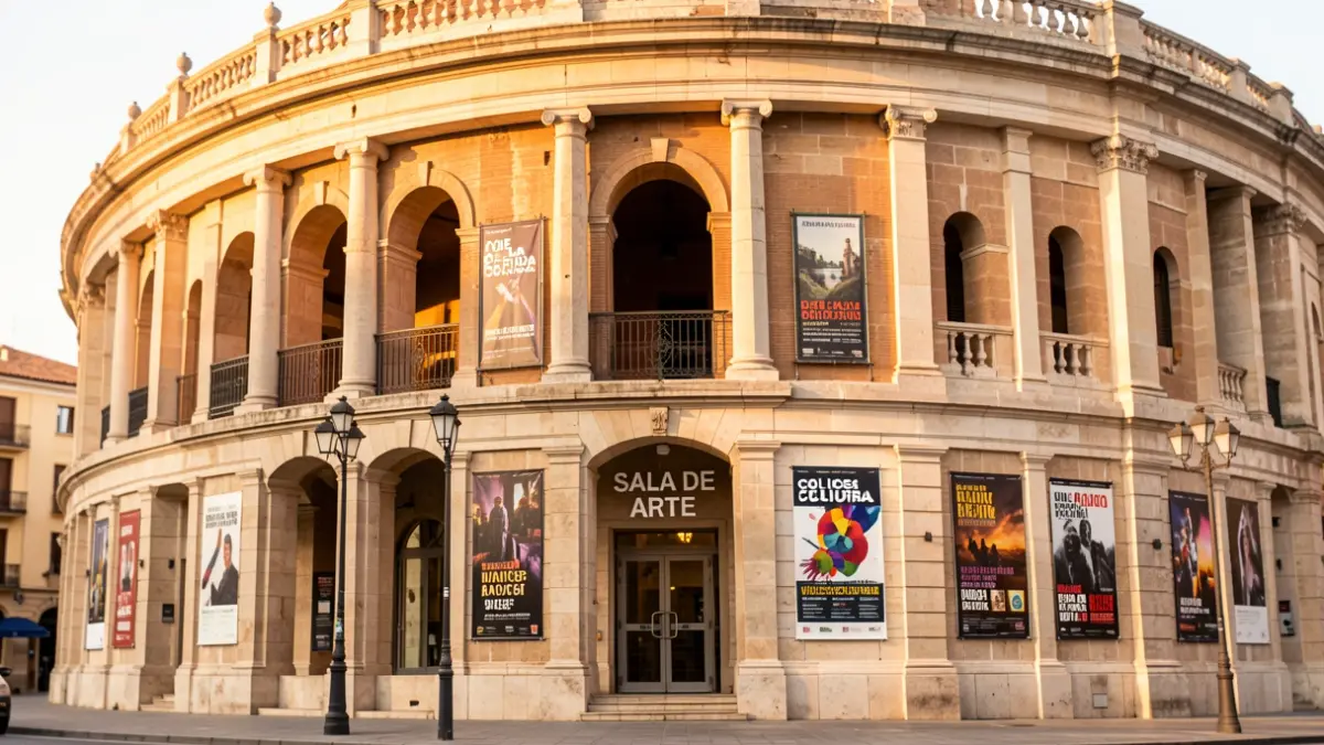 Fachada del Coliseo de la Cultura en Villaviciosa de Odón con carteles de eventos culturales.