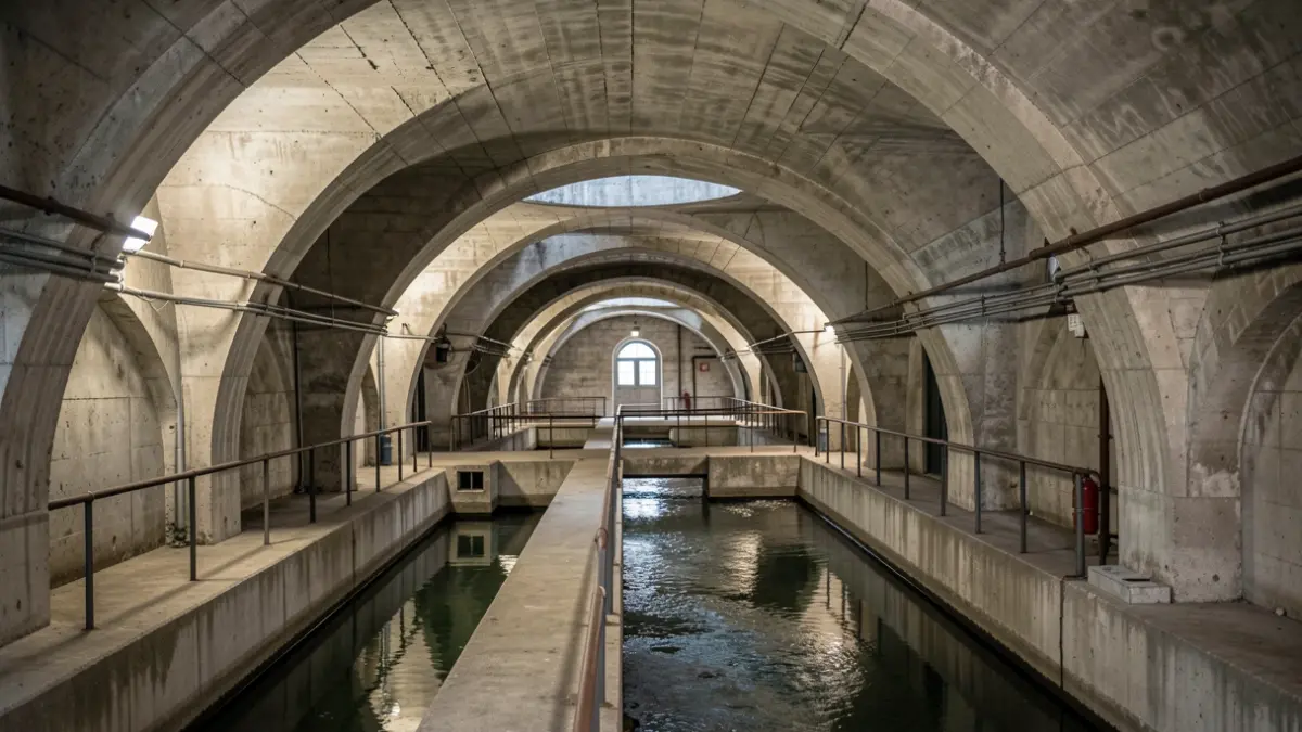 Imagen interior del Cuarto Depósito de Canal de Isabel II, mostrando sus techos abovedados y canales de agua.