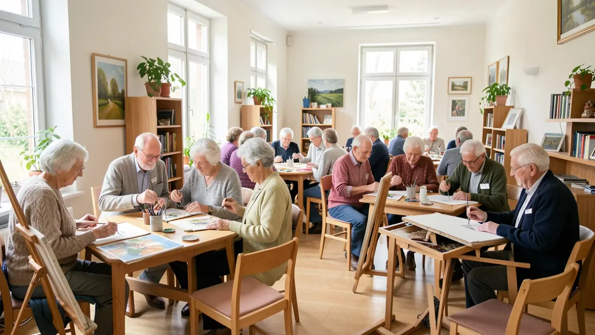 Image of elderly people participating in creative and memory workshops in a community center.