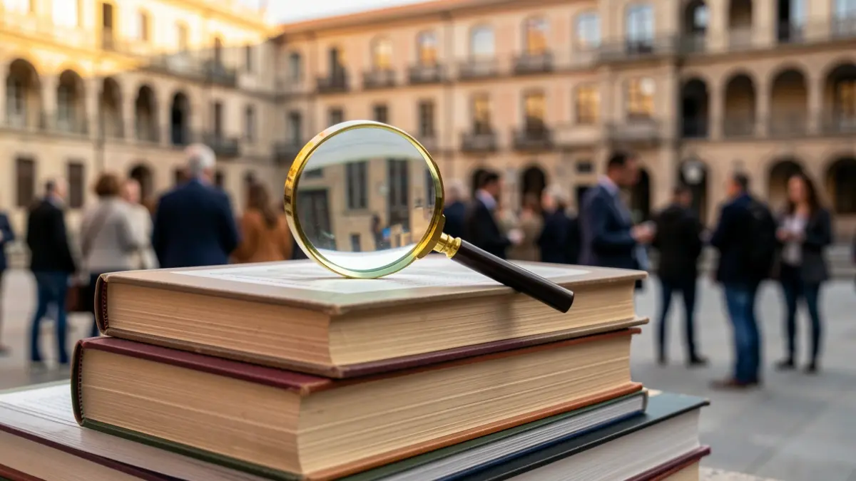 Generic image of books and a magnifying glass on a university campus background.