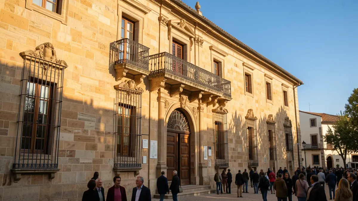 Imagen genérica de la fachada de un ayuntamiento de piedra con balcón y barandillas de hierro, bajo la luz del sol de la tarde.