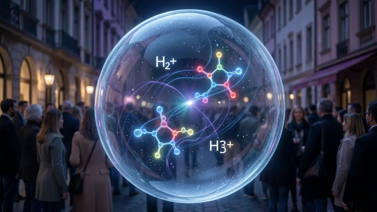 Abstract representation of molecular reactions in helium nanodroplets, showing quantum effects.