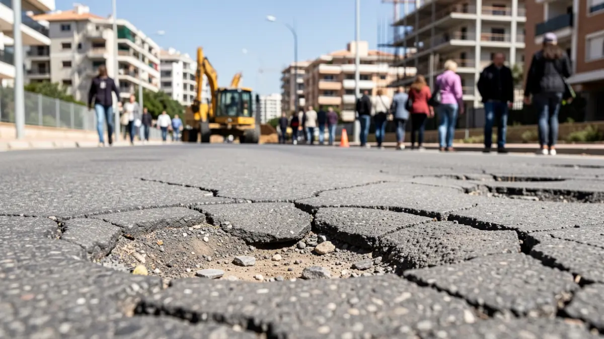 Imagen genérica de asfalto dañado con grietas y baches en una calle. Al fondo, vehículos de construcción y edificios residenciales sin terminar.