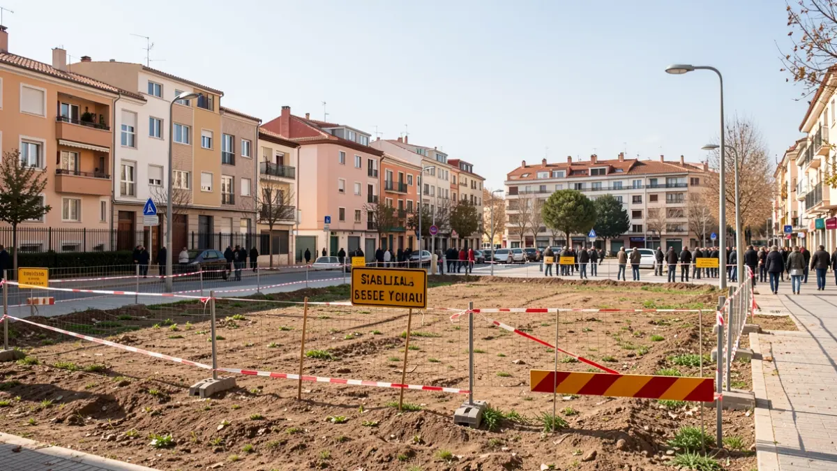 Imagen genérica de una parcela de terreno vacía con barreras de construcción y señalización.