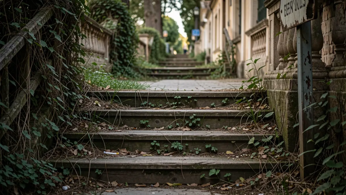 Generic image of a deteriorated public walkway with rotten wooden steps and broken signage.