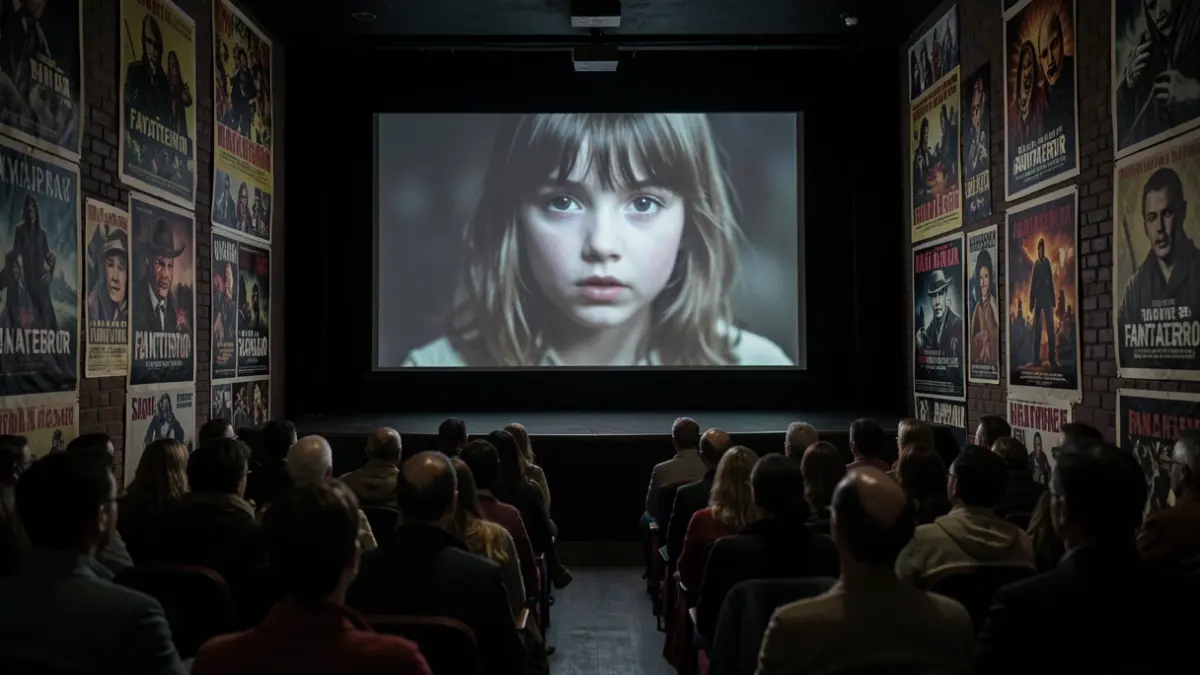 Pantalla de cine con imagen borrosa de una niña y pósteres de películas de terror de época.