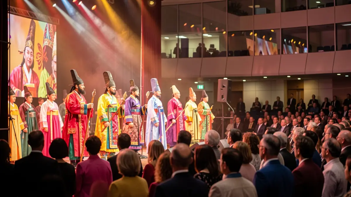 Performance scene with colorful and modern traditional Korean costumes on a stage.
