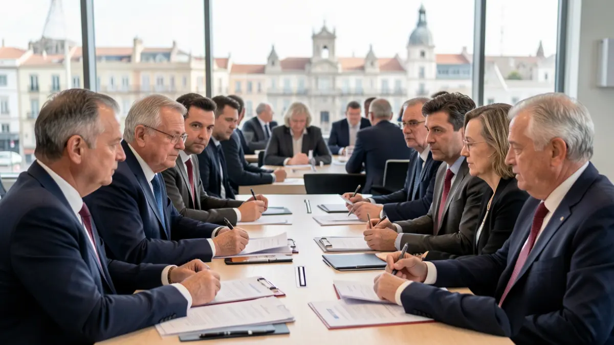Generic image of a group of European mayors gathered in a conference room discussing documents. The background shows a cityscape of Madrid.