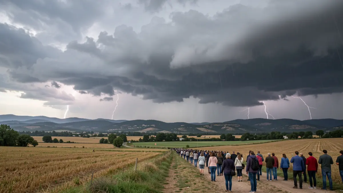 Generic image of storm clouds and rain falling over a rural landscape in the Comunidad de Madrid.