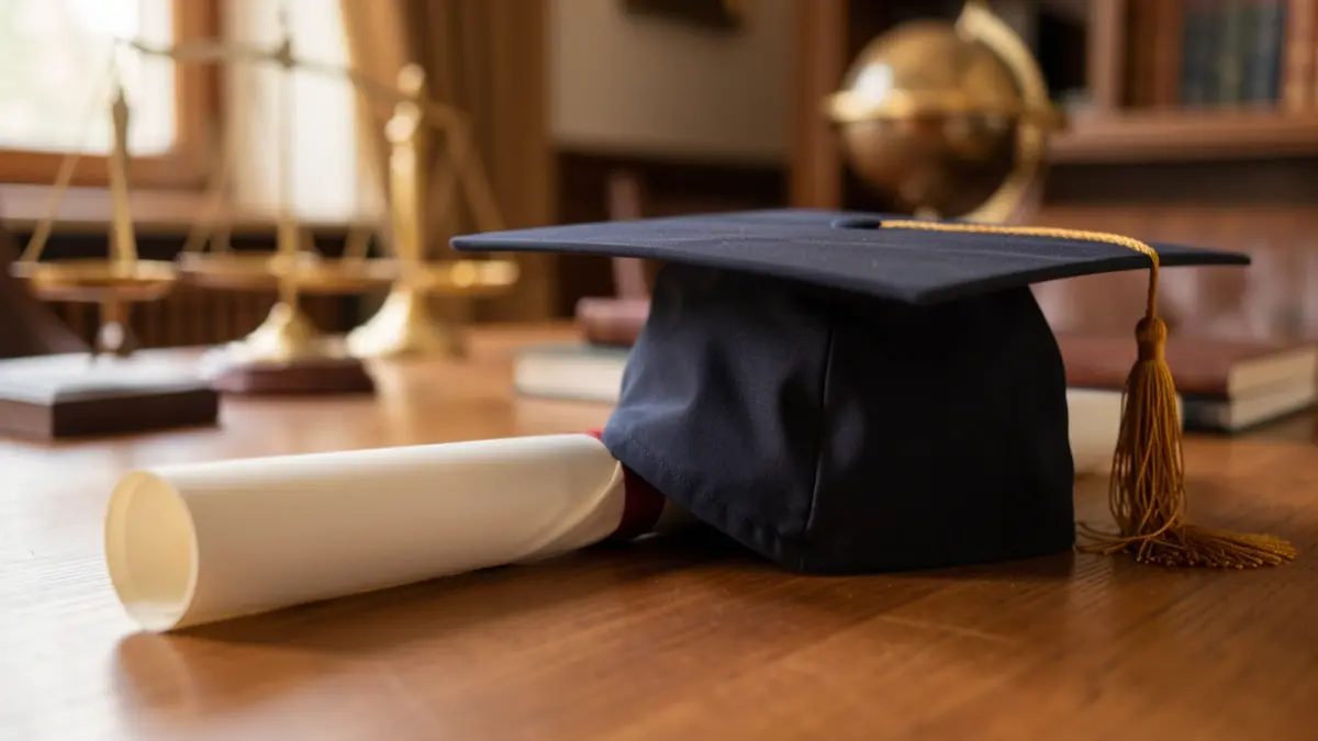 Imagen genérica de un birrete de graduación y un diploma sobre un escritorio.