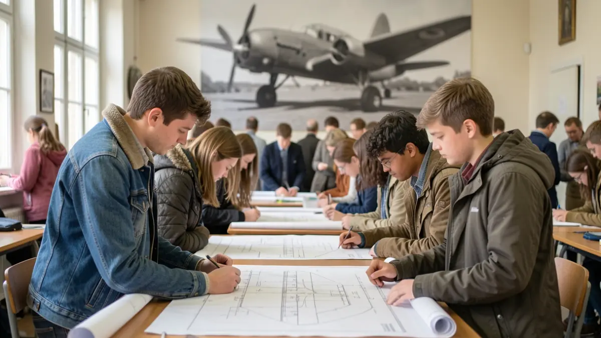Generic image of students observing aircraft blueprints in a classroom, with a blurred image of a vintage airplane in the background.