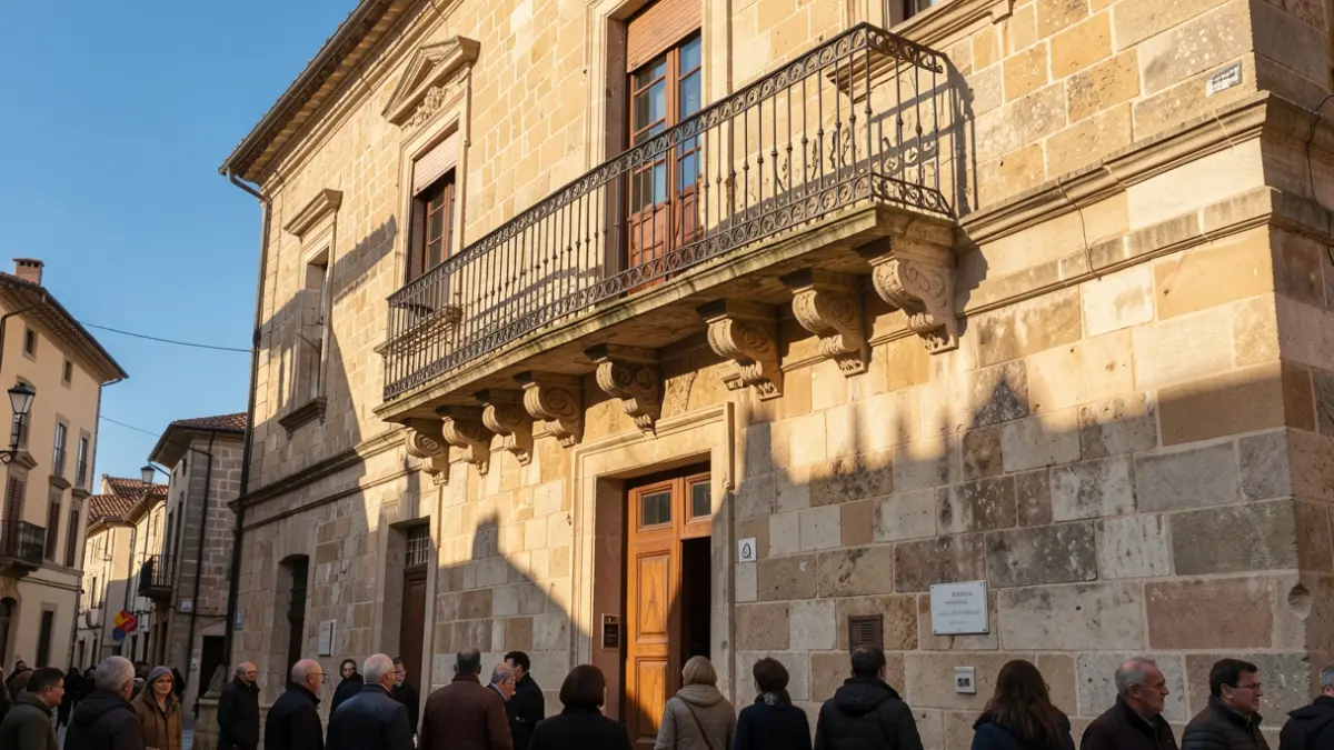 Imagen genérica de la fachada de un ayuntamiento de piedra con balcón y barandillas de hierro, luz cálida de la tarde, cielo azul.