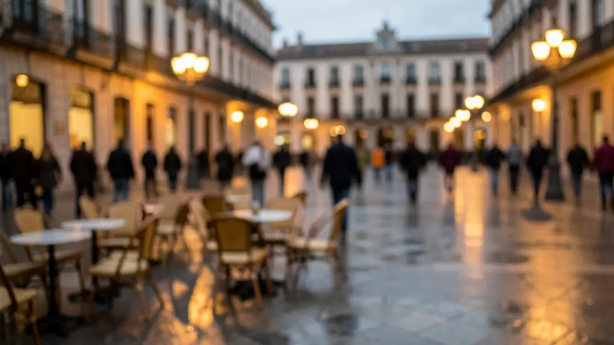 Generic image of an urban square in Madrid with street furniture and dim lighting.