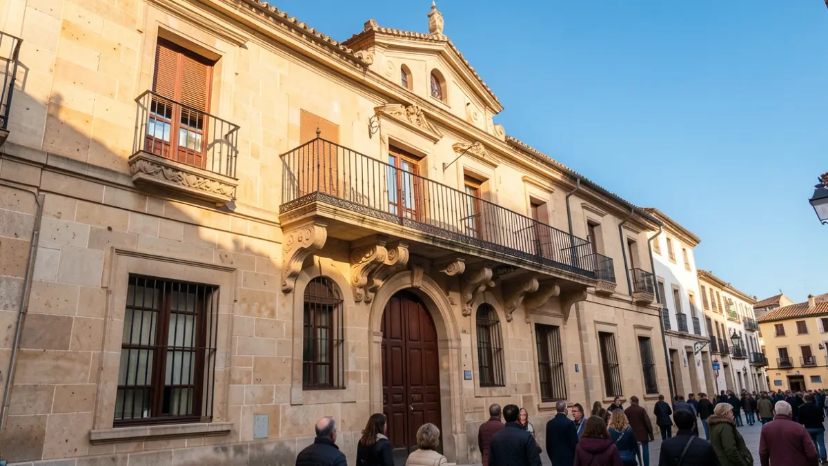 Imagen genérica de la fachada de un ayuntamiento español con balcón y barandillas de hierro, bajo la luz del sol de la tarde.