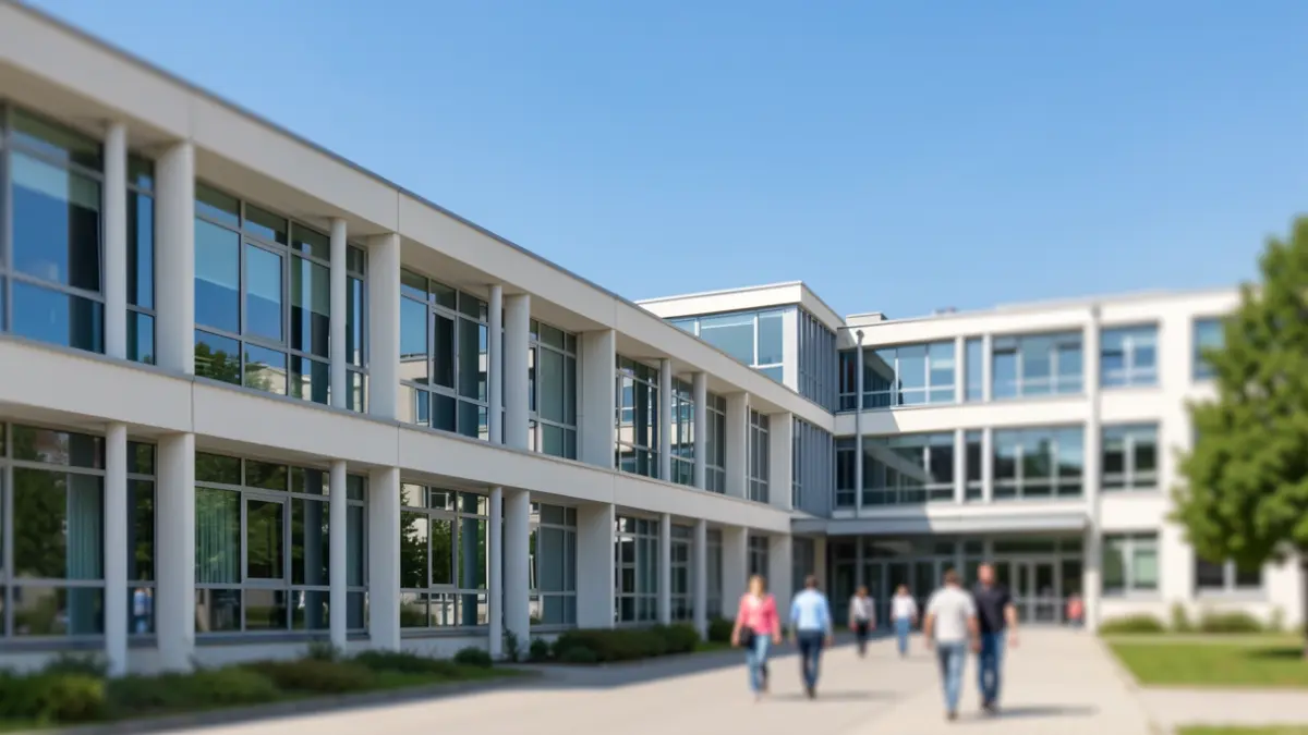 Generic image of the facade of a modern university building with blurred figures walking on a paved pathway.