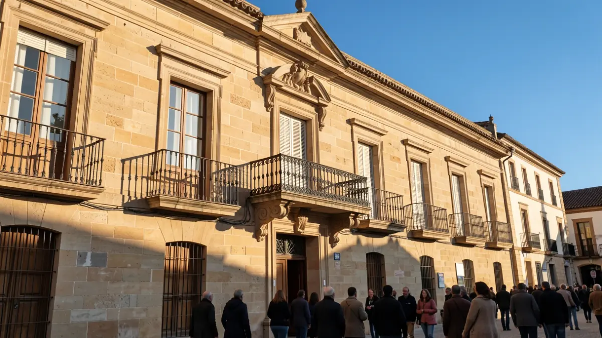 Facade of the Aranjuez Town Hall with a balcony and iron railings, under the afternoon sunlight.