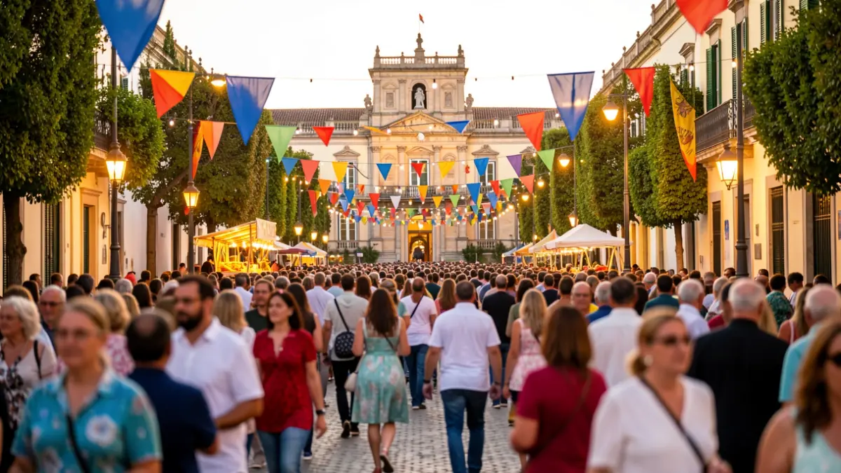 Generic image of a festive celebration in Aranjuez with crowds and historic buildings.