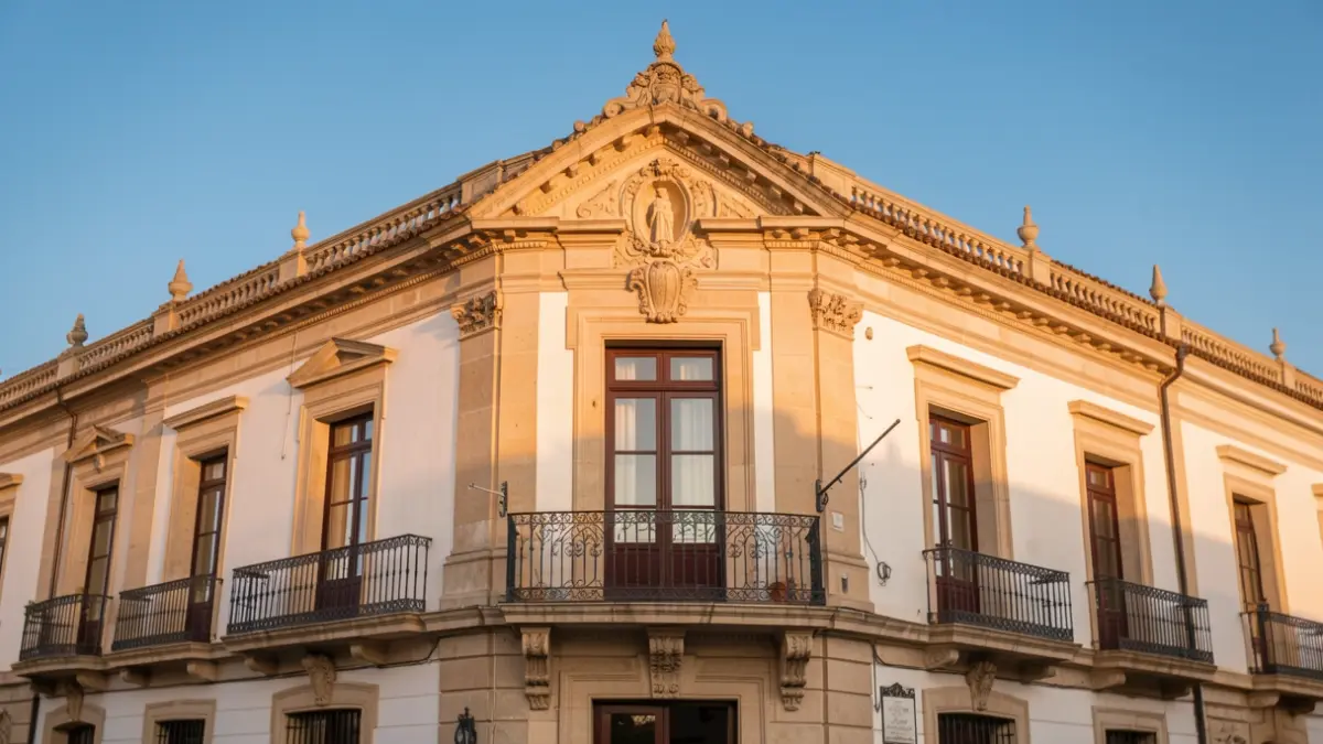 Imagen genérica de la fachada de un ayuntamiento tradicional español con balcón y barandillas de hierro, bajo una luz cálida de tarde y cielo azul.