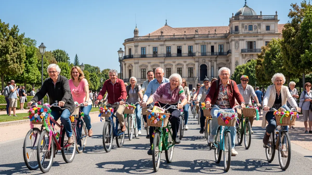 Image of the 44th edition of the Bicycle Day in Aranjuez, with participants of all ages riding through the city.
