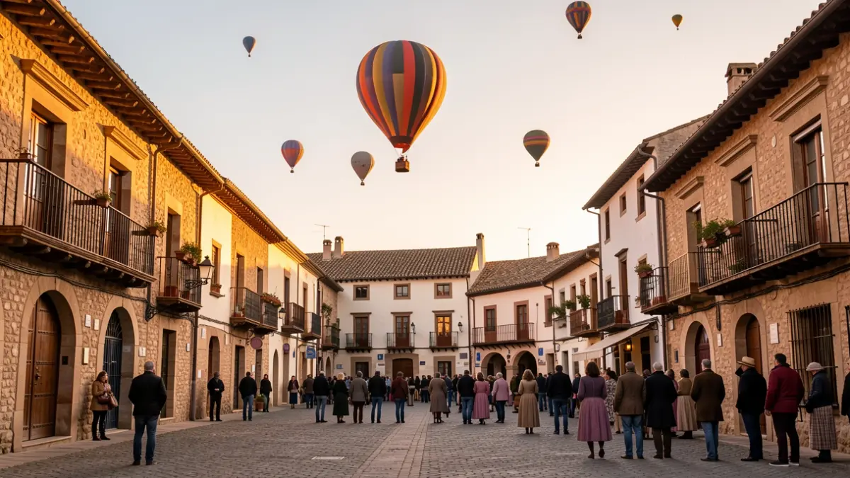 Generic image of hot air balloons taking off at dawn over a historic square.