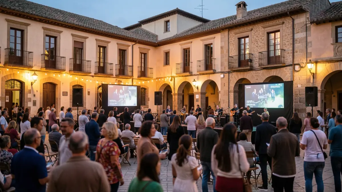 Generic image of a Spanish town square with outdoor projections and warm lights.