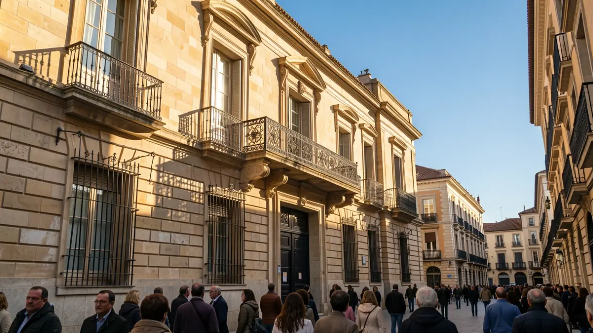 Generic image of a stone town hall facade in the Community of Madrid with a balcony and iron railings, warm afternoon light.