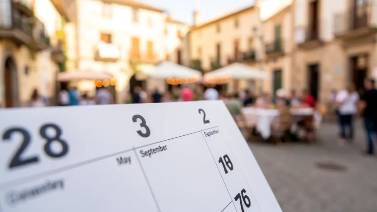 Generic image of a calendar page with highlighted dates and a blurred background of a Spanish town square during a festival.