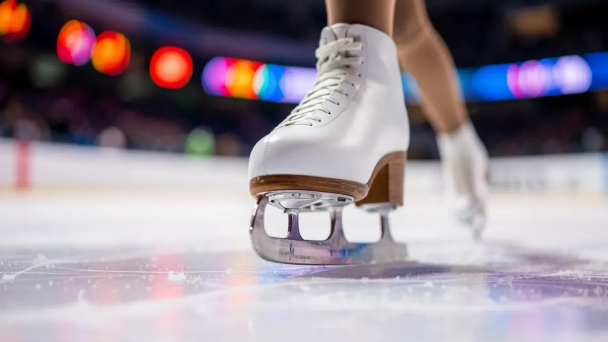 Imagen genérica de una cuchilla de patinaje artístico sobre hielo con luces de estadio borrosas al fondo.