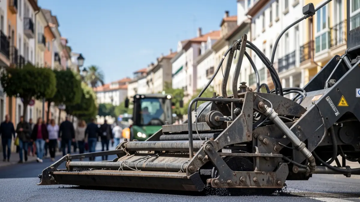 Image of asphalt paving machinery working on a street in Aranjuez.